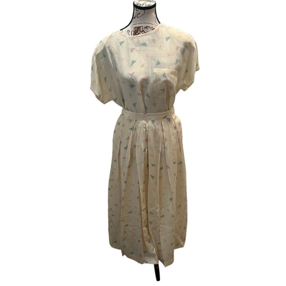 Vintage Silk Skirt Set with Pale Blue & Soft Pink Triangle Print
